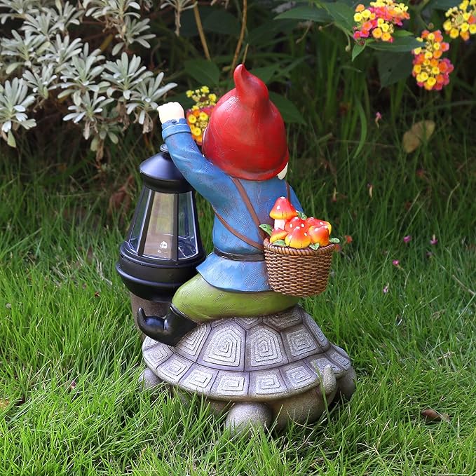 Gnome and Turtle Garden Decor, Large Outdoor Garden Sculptures & Statues, Outside Patio Yard Lawn Decorations, Housewarming for Women, Mom, Grandma with Solar Lantern-Ruum Studio Home
