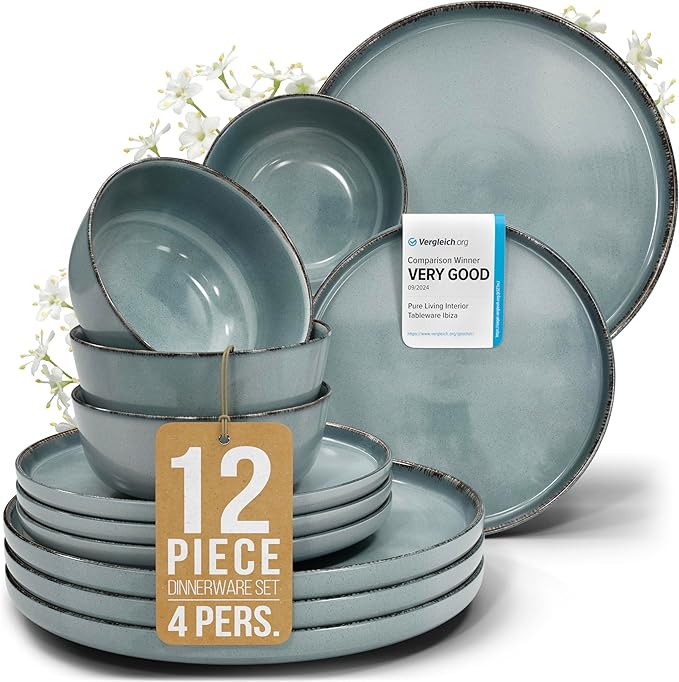 Stoneware dinnerware set 4 persons Rustic 12 pcs - Rustic design dinnerware set, dishwasher safe - Bowl and plate set - Pure Living dinnerware in smoky blue…-Ruum Studio Home
