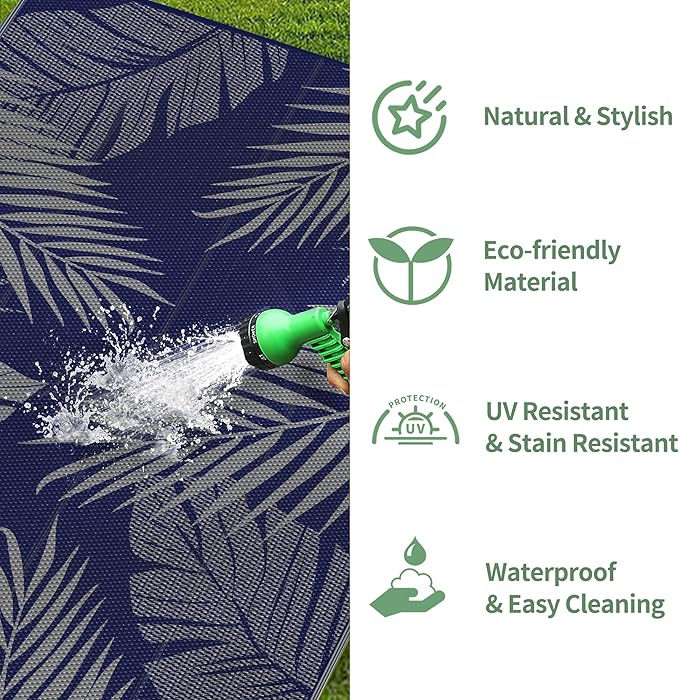 GENIMO Outdoor Rug 3' x 5' Waterproof for Patios Clearance, Reversible Outdoor Plastic Straw Camping Rug Carpet, Large Area Rugs Mats for RV, Camper, Deck, Balcony, Porch, Beach, Picnic Navy Blue&Grey-Ruum Studio Home