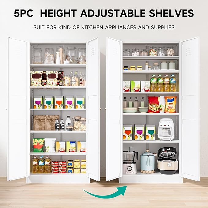 SISESOL White Metal Storage Cabinet,71" Tall Pantry Cabinet,Kitchen Pantry Storage Cabinets with 2 Doors and 6 Shelves,Wide Deep Food Cupboard for Home,Kitchen,Dining/Living Room-Ruum Studio Home