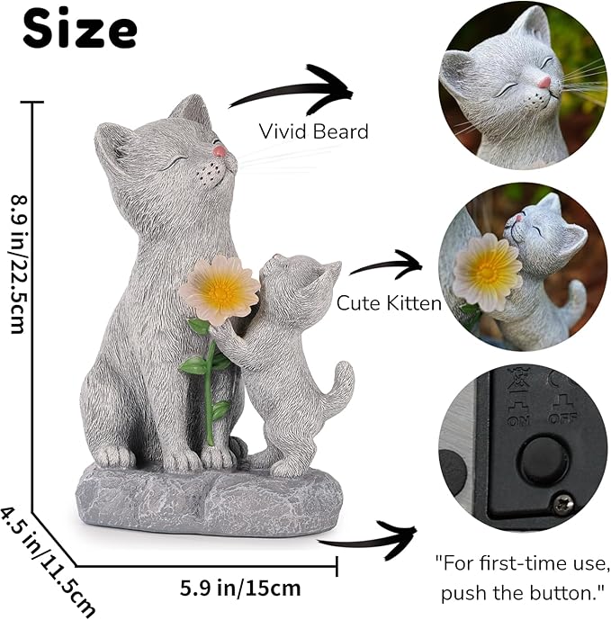 Solar Cat Garden Statue Outdoor Decor - Mother & Kitten Figurines with Flower LED Light, Outside Yard Art Patio Balcony Lawn Ornament, Unique Gifts for Cat Lover-Ruum Studio Home