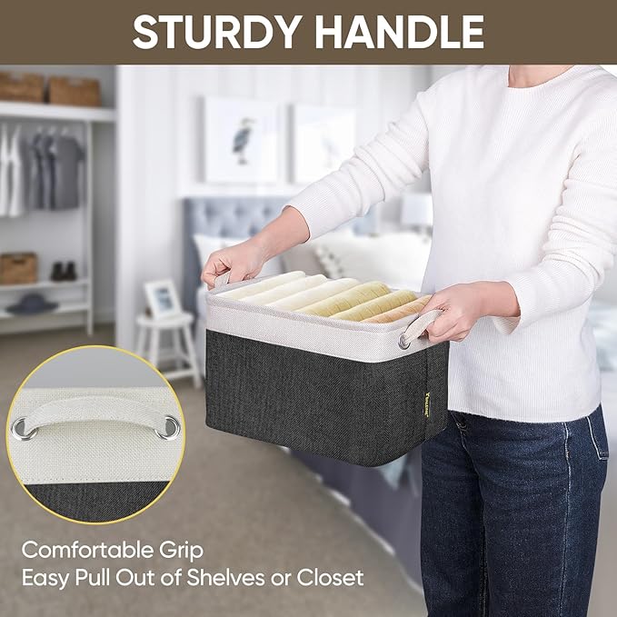 BALEINE 3 Pack Fabric Storage Bins for Shelves, Linen Storage Baskets for Organizing, Decorative Closet Bins for Clothes, Home (Black, 12"x8"x8")-Ruum Studio Home