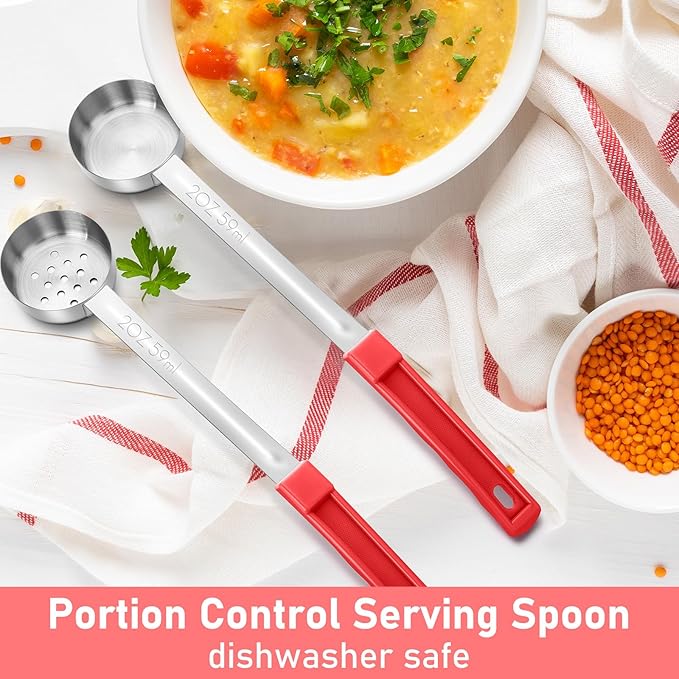 16 Pcs Portion Control Serving Spoons, Restaurant Measuring Serving Ladle Utensils, Portion Control Slotted Scoops for Weight Loss, Solid and Perforated Scoops(Red,2 oz)-Ruum Studio Home