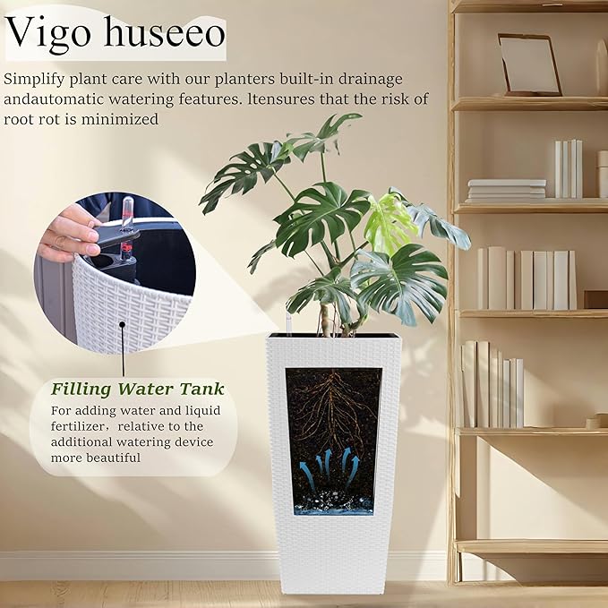 30in Tall Large Plant Pots Planter-Self-Watering Indoor/Outdoor Planting with Drain Holes, Water Level Monitor, Inner Bucket for Front Porch Patio, White Large-Ruum Studio Home
