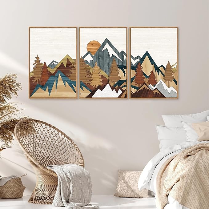 SIGNINART Vintage Mountain Framed Canvas Wall Art Set, Boho Sunrise Art Prints, Forest Nature Wilderness Art Paintings, Modern Farmhouse Woodcut Style Wall Decor for Living Room Bedroom, Office 16"x24"x3-Ruum Studio Home