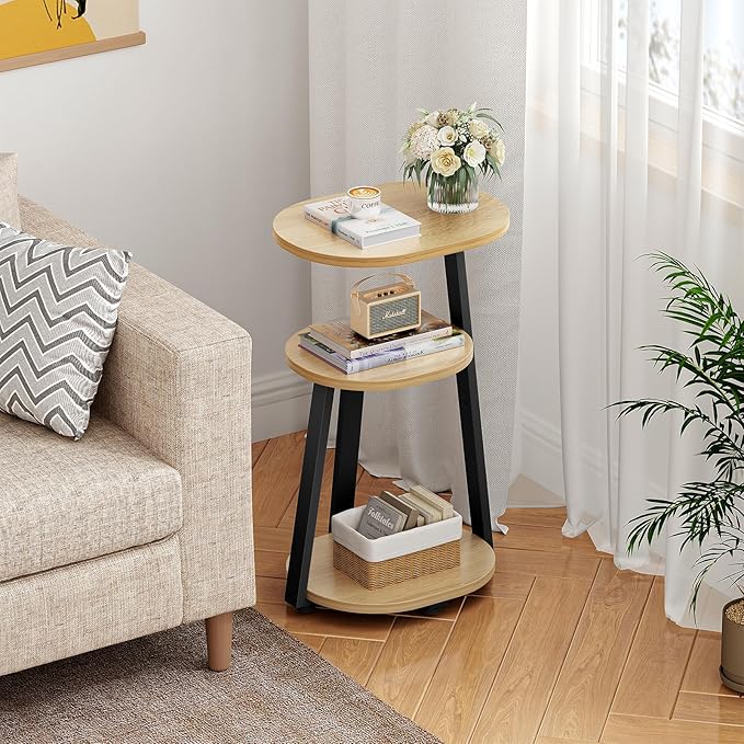 Side Table, Small End Table with Metal Frame, 3-Tier Bedside Tables, Round Side Tables for Living Room Bedroom Couch Bathroom, Oval, Modern Oak-Ruum Studio Home