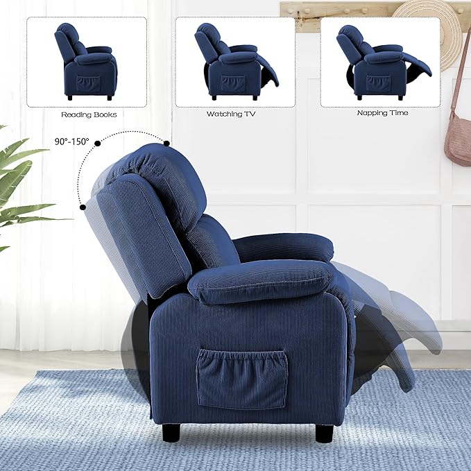 Ulax furniture Corduroy Kids Recliner Chair, Toddler Armrest Sofa Couch, Ergonomic Adjustable Lounge Sofa with Footrest, Padded Backrest, Storage Arms, Navy Recliner for Girls and Boys-Ruum Studio Home