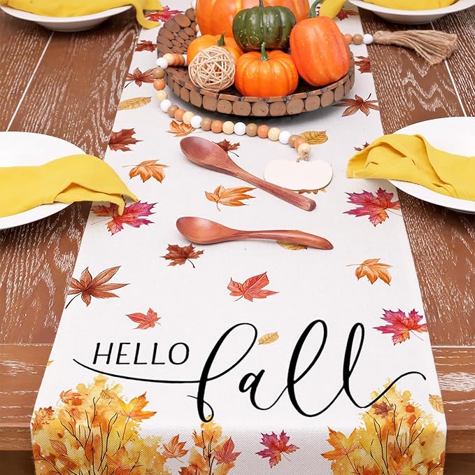 GEEORY Fall Watercolor Trees & Maple Leaves Table Runner 13x72 Inch, Rustic Farmhouse Autumn Thanksgiving Decor for Kitchen, Dining, Indoor/Outdoor Holiday Dinner Party Orange Red GT160-72-Ruum Studio Home