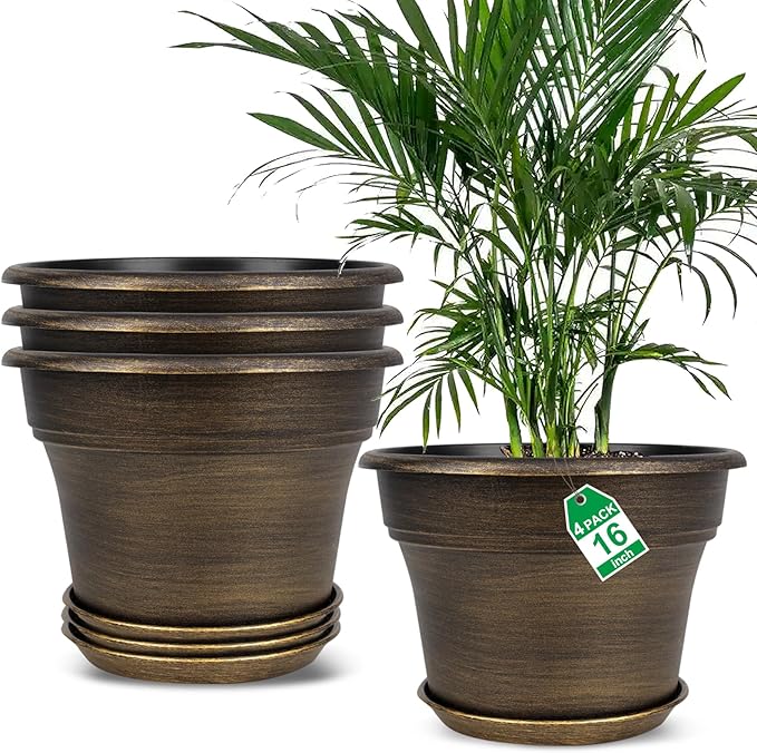 16 inch Plant Pots Outdoor Planters，4 Pack Large Plastic Flower Pot for Indoor Plants with Drainage Holes & Saucer, Resin Decorative Container Sets with Trays for House Outdoor Garden Plant Dark Gold-Ruum Studio Home