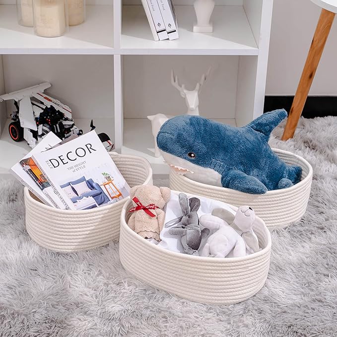 Baskets&Bins for Shelf Storage Organizing/Cute Basket to Store and Organize Household Items/Woven Rope Basket for Living Room, Bedroom,Playroom,3 Packs Off White-Ruum Studio Home