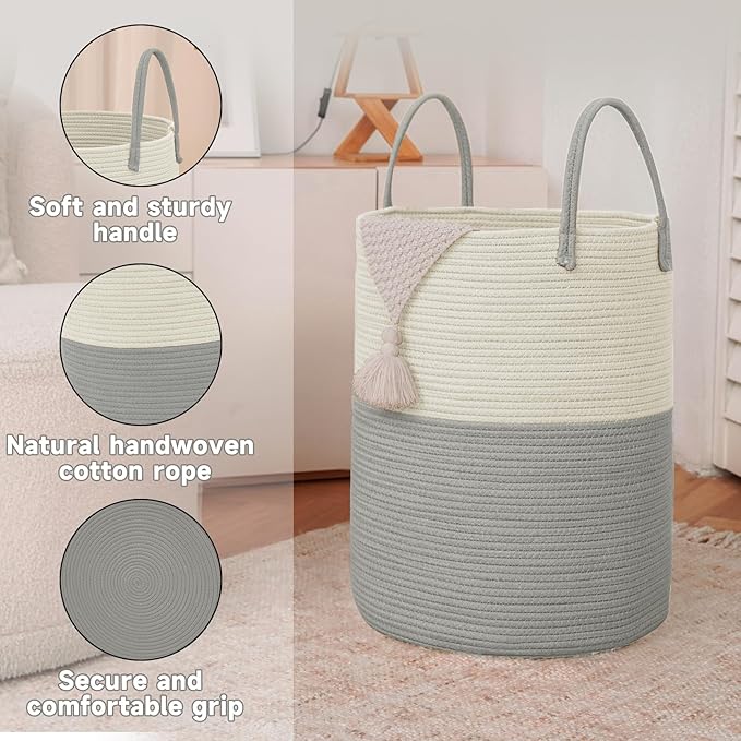 Large Woven Laundry Basket Hamper,100L Cotton Rope Storage Bin for Blankets,Toys and Clothes,Decorative Tall Nursery Hamper for Living Room,Baby Nursery,Bathroom and Bedroom,White and Grey-Ruum Studio Home