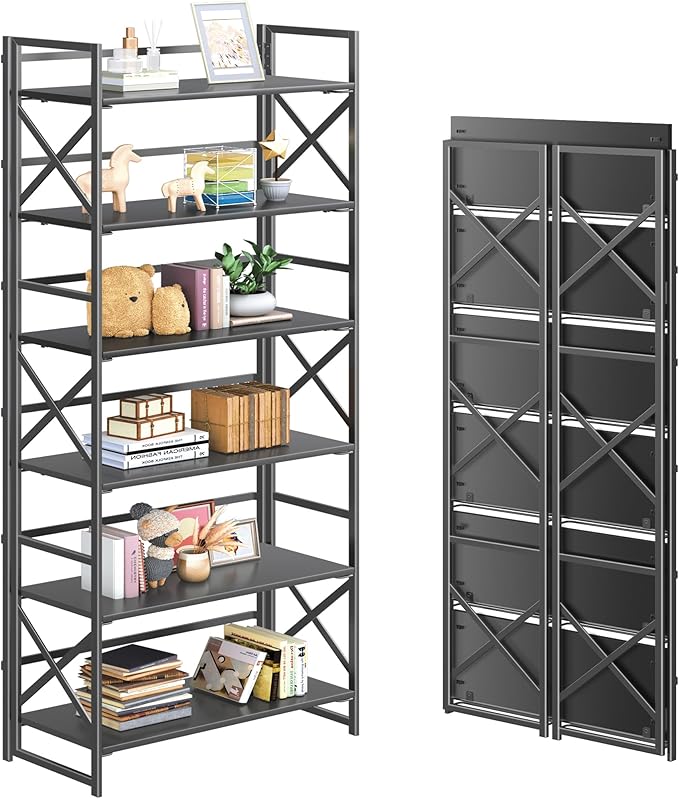 4NM 6 Tiers No Assembly Book Shelves, 61.8" H Folding Bookshelf Bookcase Open Industrial Foldable Shelves for Bedroom, Living Room, Home Office - All Black-Ruum Studio Home