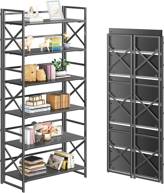 4NM 6 Tiers No Assembly Book Shelves, 61.8" H Folding Bookshelf Bookcase Open Industrial Foldable Shelves for Bedroom, Living Room, Home Office - All Black-Ruum Studio Home