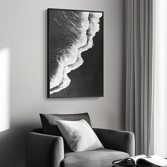 Framed Black and White Abstract Beach Canvas Wall Art, Modern Minimalist Art Prints Paintings Artwork for Walls, Ocean Wave Pictures for Living Room Dining Room Bedroom Bathroom Wall Decor 24x36 In-Ruum Studio Home