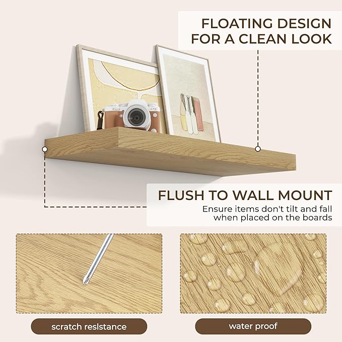 RICHFOCUS 31.5Inch Floating Shelves for Wall 2 Pack Shelves for Bedroom|Kitchen|Bathroom Wall Mounted Rustic Wood Floating Shelf with Invisible Brackets for Books|Storage|Decor, Oak-Ruum Studio Home