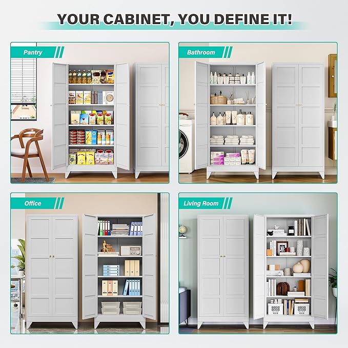 Metal Storages Cabinet with 2 Doors and 5 Shelves,Tall Storage Cabinet,Large Cupboard Closet,Pantry Storage Cabinet for Home,Office,Bathroom,Dining/Living Room (White, 71" H)-Ruum Studio Home