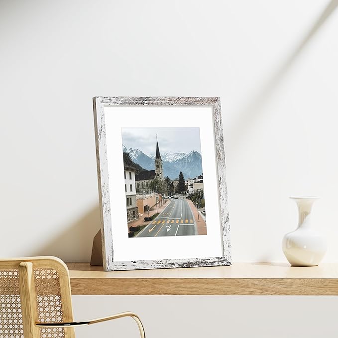 Vittanly 11x14 Picture Frames Set of 9, Shatter Resistant Plexiglass, Display 8x10 Pictures with Mat or 11x14 without Mat, Photo Frames for Wall or Tabletop, Engineered Wood, Distressed White-Ruum Studio Home