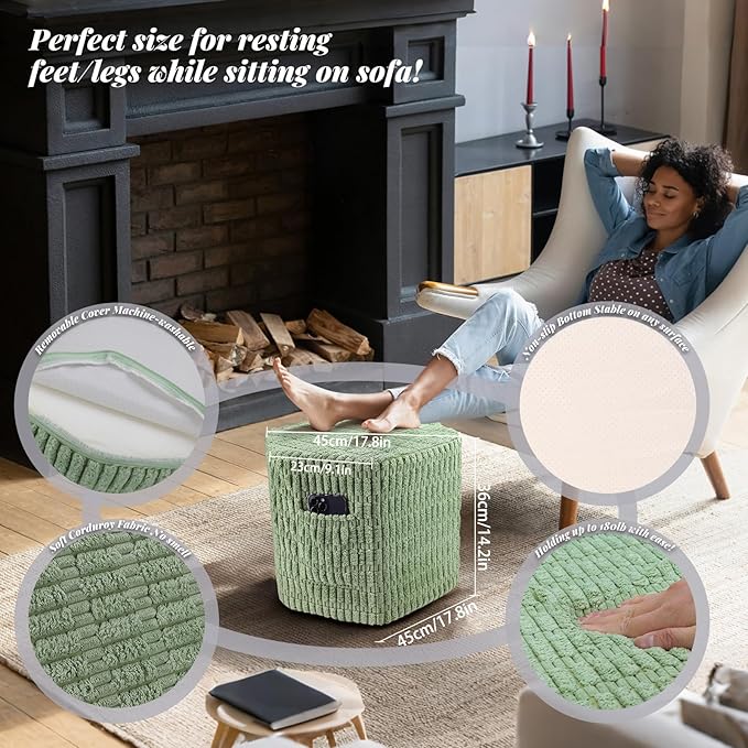 Hexagon Pouf Ottoman Stuffed with 2 Pockets & Handle, Comfort Corduroy Poufs, Non-Slip Foot Stool Storage Ottoman, Foam Floor Poufs Foot Rest for Couch, Bedroom (Green)-Ruum Studio Home
