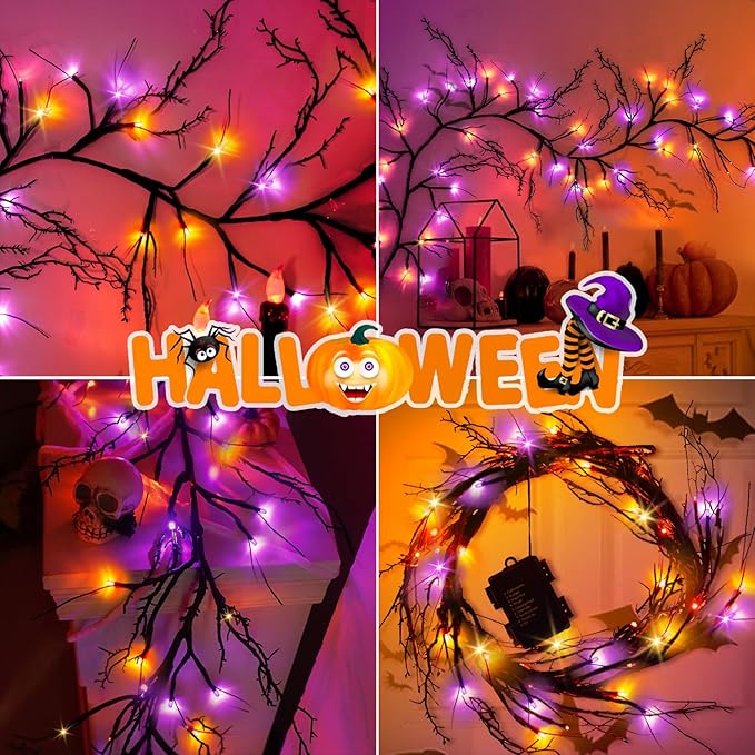 [8 Modes & Timer] Halloween Decorations Willow Vine Twig Garland, 6 FT 54LED Willow Vine Twig Lights Orange Purple LED Lights for Indoor Wall Fireplace Halloween Decorations-Ruum Studio Home