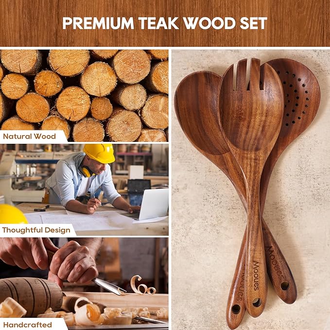 Wooden Spoons for Cooking, 10PCS Teak Wood Cookware Utensil Set with Hooks - Smooth Finish, Non-Stick, Comfortable Grip, Heat Resistant Kitchen Utensils-Ruum Studio Home