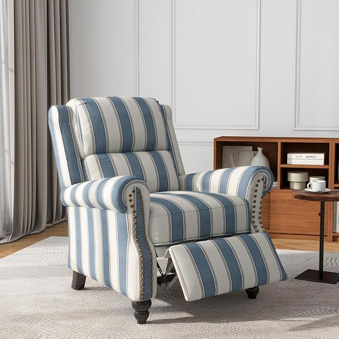UIXE Pushback Recliner Chair Push Back Accent Chair, Fabric Overstuffed Armchair for Living Room, Rivet Trim Club Chair Home Theater Single Sofa Bedroom Reading Seat - Stripe Navy-Ruum Studio Home