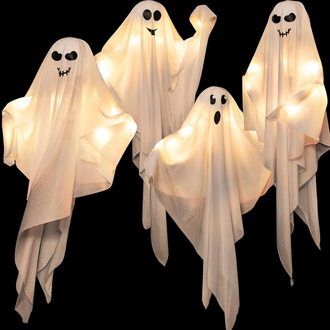 4 Pack Halloween Hanging Ghosts, 27.5 Inch with Light Up Ghost Kit for Indoor Outside Ornaments, Spooky Yard Tree Halloween Decorations Outdoor, Party Décor-Ruum Studio Home