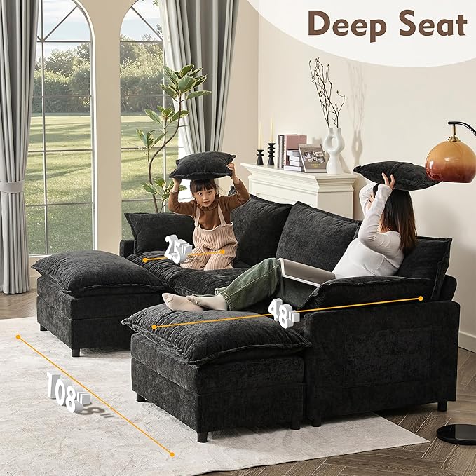 108" U Shaped Couch, Modular Sectional Sofa, 3-Seater Comfy Cloud Couch with Movable Ottoman, Deep Seat Couches for Living Room, Chenille, Black-Ruum Studio Home