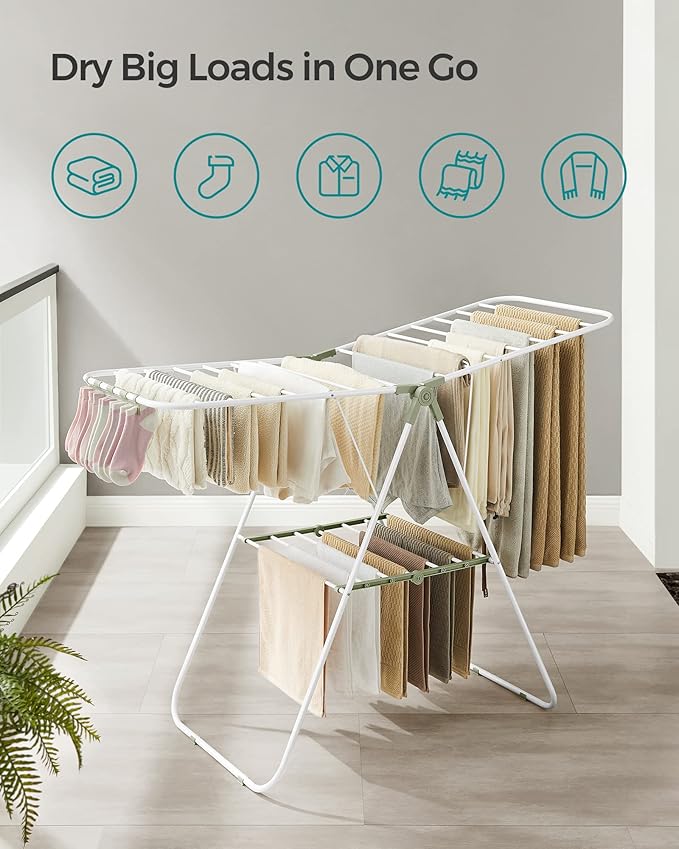SONGMICS Clothes Drying Rack, with Sock Clips, Metal Laundry Rack, Foldable, Space-Saving, Free-Standing Airer, with 2 Height-Adjustable Gullwings, Indoor Outdoor Use, White and Green ULLR052C01-Ruum Studio Home