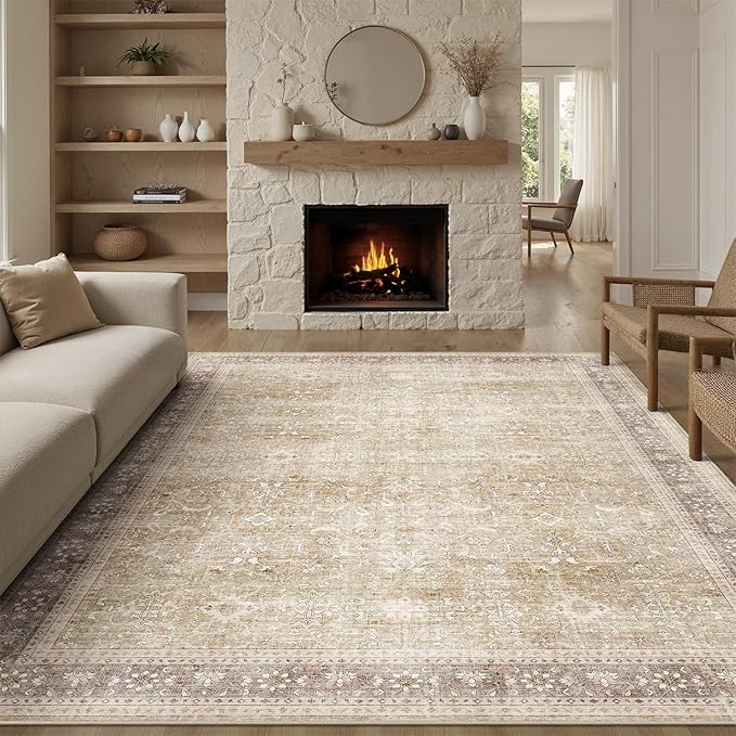 DCX Machine Washable Brown and Beige Area Rug 8x10, Non Slip Stain Resistant Vintage Rug for Living Room Diningroom Bedroom Nursery, Soft Low Pile Large Carpet-Ruum Studio Home