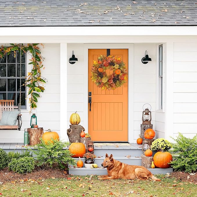 Fall Wreaths for Front Door 26'' Autumn Velvet Pumpkin Wreath with Metal Hook Large Harvest Maple Wreath Fall Decoration for Home Halloween Thanksgiving Decoration, Briful-Ruum Studio Home