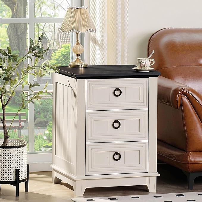 18" Farmhouse Night Stands Set of 2 with Charging Station, 2 & 3 Drawers End Table Dresser for Bedroom, White Wooden Nightstand, Bed Side Table with Open Shelf, Bedside Cabinet for Living Room-Ruum Studio Home