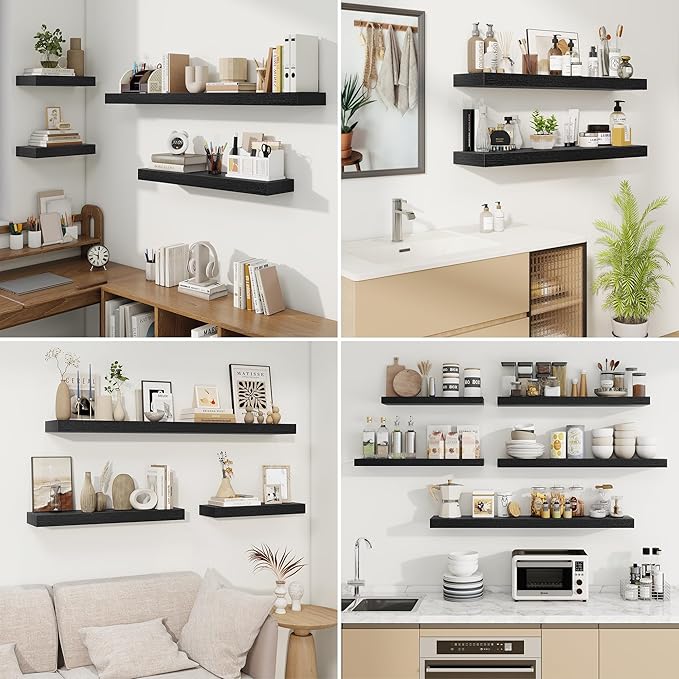 fuqing Floating Shelves for Wall, Bathroom Shelf Wall Mounted for Storage, Shelves with Invisible Bracket for Bedroom, Kitchen, Living Room, Farmhouse Small Book Shelf, 32 Inch Set of 2, Black-Ruum Studio Home