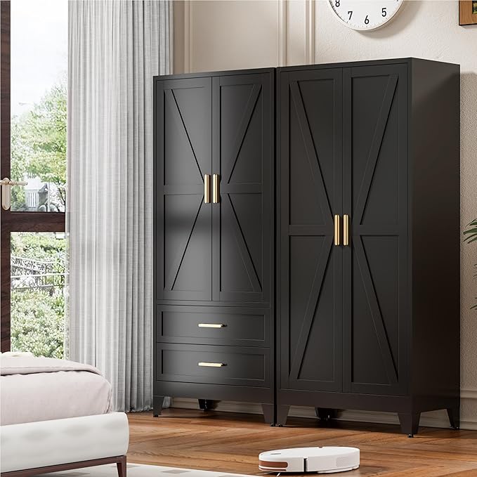 71'' Farmhouse Metal Wardrobe Cabinet with Hanging Rod, 2 Barn Door Wardrobe Closet with Adjustable Shelves,2 Drawer,for Dining Room,Bedroom,Living Room, Cloak Room,Office (Black)-Ruum Studio Home