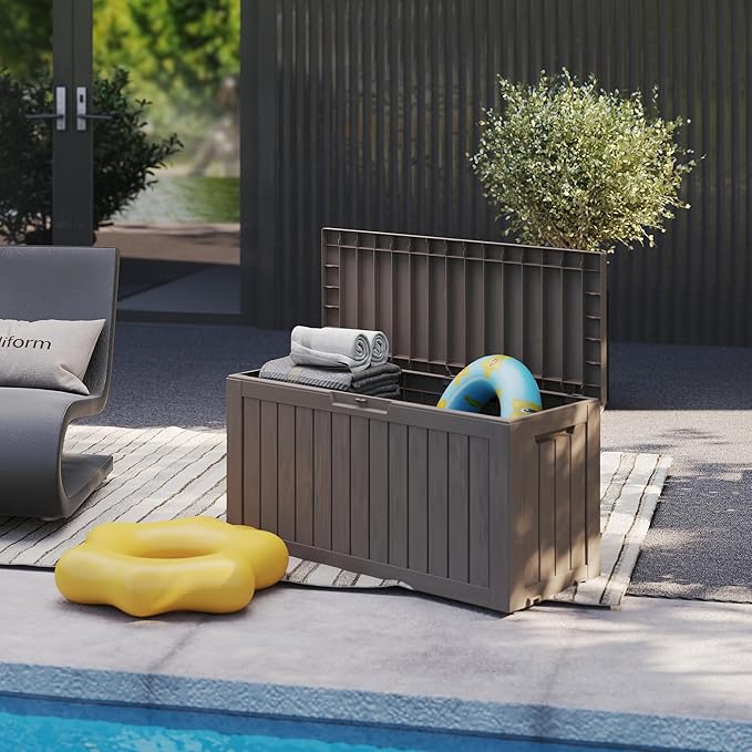 90 Gallon Lockable Resin Deck Box with Wheels, Waterproof & UV-Resistant Outdoor Storage Box for Outdoor Cushion Storage, Garden Tools & Pool Accessories Storage, Gray-Ruum Studio Home