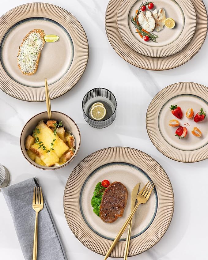 GBHOME Ceramic Dinnerware Sets,12 pcs Embossed Elegant Stoneware Plates and Bowls Sets, Housewarming Wedding Gift | Dishwasher & Microwave Safe | Dishes Set Service for 4-Ruum Studio Home