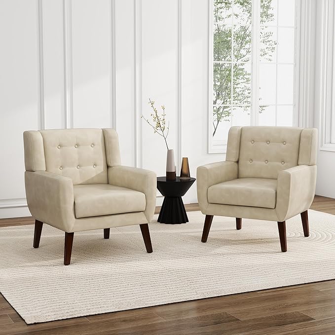 UIXE PU Leather Accent Chairs Set of 2, Modern Arm Club Chair Upholstered Armchair for Living Room, Comfy Single Sofa Seats Button Tufted Reading Seating, Cream-Ruum Studio Home