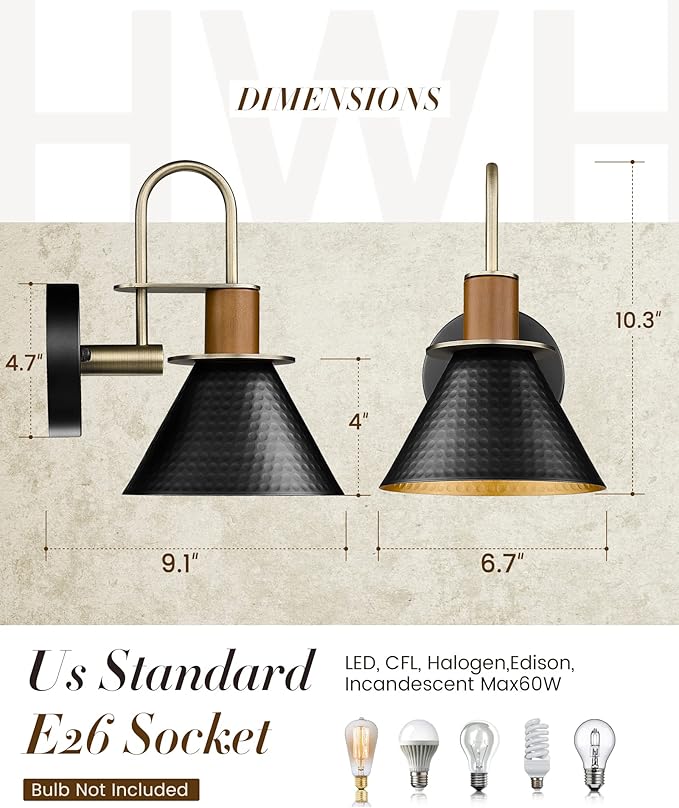 Black Wall Sconce, HWH Industrial Indoor Wall Light Fixture, Single Wall Vanity Light Gooseneck Barn Wall Lamp with Hammered Metal Shade, Black and Gold Finish, 5HZG74B BK+BG-Ruum Studio Home