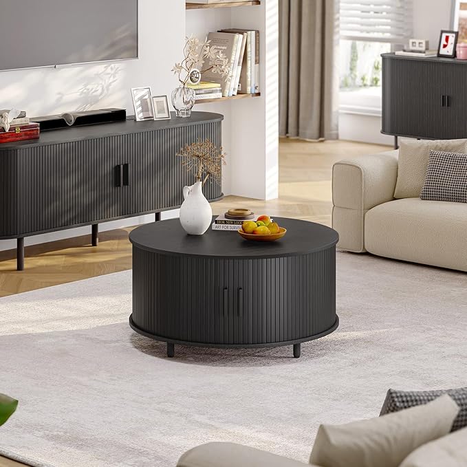 Round Coffee Table with Storage, 31.5" Modern Coffee Table with 360° Curved Sliding Door, Fluted Wood Accent Coffee Table with Adjustable Footpads, Round Center Table for Living Room, Black-Ruum Studio Home