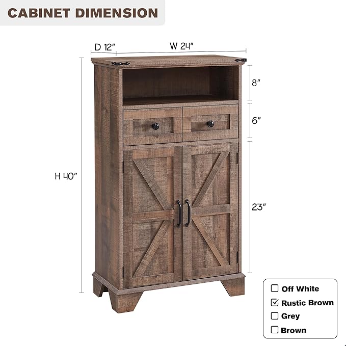 Bathroom Floor Cabinet, Farmhouse 24" Wide Cabinet with Drawer, Adjustable Shelf, Barn Doors, Cabinets for Bathroom, Kitchen, Living Room, Rustic Brown-Ruum Studio Home