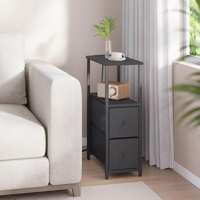 TUTOTAK Small Narrow End Table with Charging Station, Side Table with Outlets, Nightstand with 2 Cloth Drawers, Couch Table, for Living Room, Bedroom, Bedside, Black TB01BK085-Ruum Studio Home