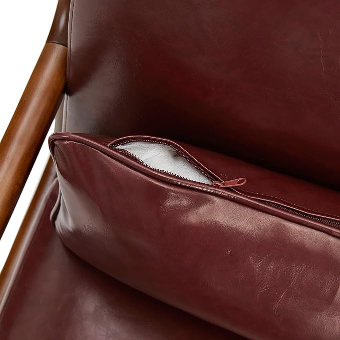Glitzhome 30.75" H Mid Century Red Accent Armchair, Single Reading Armchair PU Leather Lounge Chair with Walnut Ruberwood Frame-Ruum Studio Home