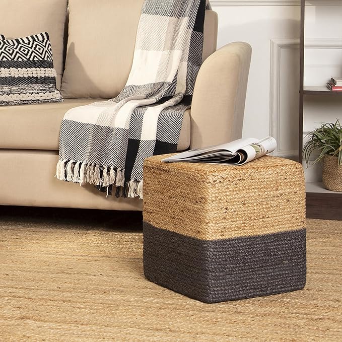 REDEARTH · Cube Pouf Foot Stool Ottoman - Jute Braided Pouffe Poof Accent Sitting Footrest for The Living Room, Bedroom, Nursery, Patio, Lounge & Other Rooms (14.5”x14.5”x16”; Natural Gray)-Ruum Studio Home