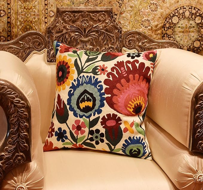 Polish Floral Decorative Pillow Cover Hand Embroidered Cream Flower Pillowcase White Botanical Traditional Outdoor Cushion Suzani Chair Pillowsham Couch Wool 18x18 Inch-Ruum Studio Home