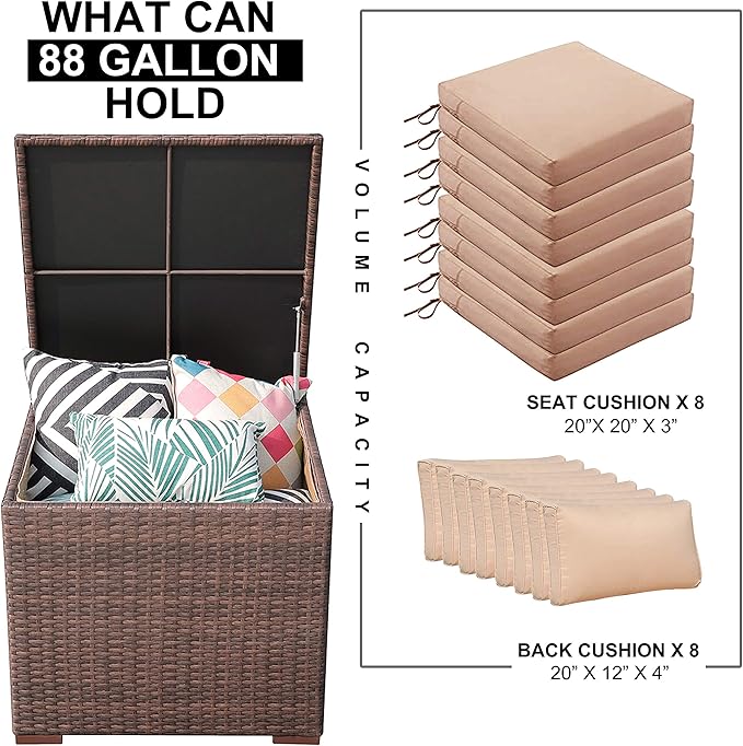 Super Patio Wicker Outdoor Patio Storage Box Waterproof, Rattan Storage Bin Deck Box for Cushions, Garden Tools, 88 Gallon, Brown-Ruum Studio Home