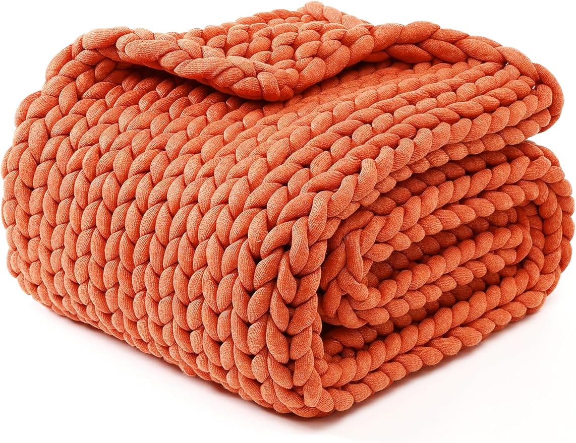 YnM Chunky Throw Blanket, Medium-Weight, Hand Knitted, Skin Friendly, Ventilated and Breathable, Machine Washable, Home Décor Piece for Couch, Sofa and Bed (Exotic Orange, 50x70 Inch)-Ruum Studio Home