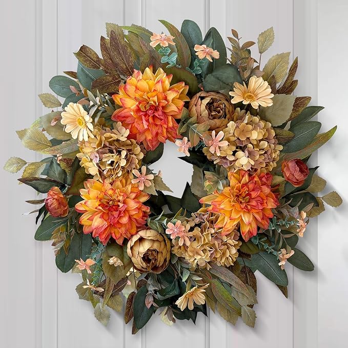 WANNA-CUL 24 Inch Spring Fall Wreaths for Front Door,Fall Wreath with Orange Hydrangea&Peony and Dahlia Flowers-Fall Decoration for Home-Large Fall Decor Door Wreath for Autumn,Harvest-Ruum Studio Home