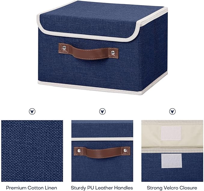 ANMINY 4PCS Storage Bins with Lid PU Leather Handles Storage Boxes PP Plastic Board Decorative Foldable Lidded Cotton Linen Fabric Home Cubes Baskets Closet Organizer Containers - Blue, Small Size-Ruum Studio Home
