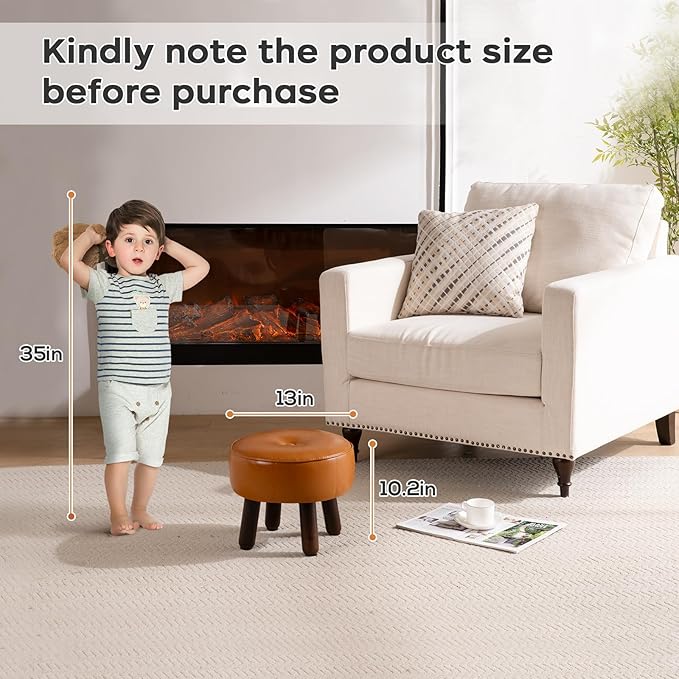 Small Foot Stool Ottoman, Round Pouf Foot Rest, Footstool Ottomans with Rubber Legs Under Desk, Faux Leather Footrest for Couch, Living Room, Bedroom, Hallway, Office, 13''L x 13''W x 10.2''H-Ruum Studio Home