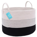 OrganiHaus Woven Laundry Basket, Large Cotton Rope Blanket Holder with Handles, Soft & Sturdy Nursery Hamper, Decorative Toy Bin for Living Room Organization 20x13 inches - Off-White/Black-Ruum Studio Home