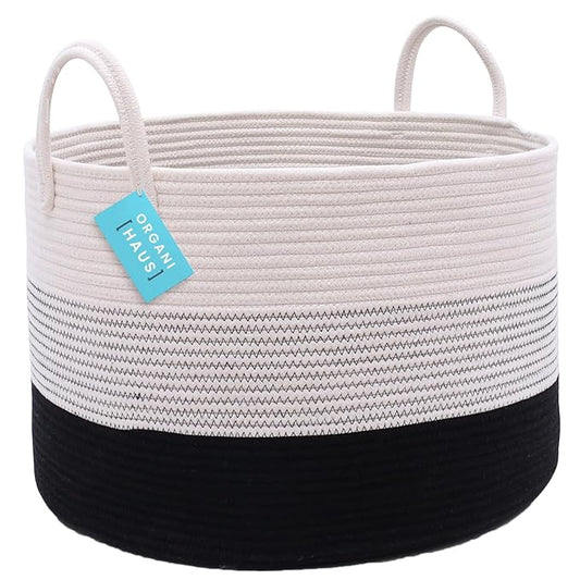 OrganiHaus Woven Laundry Basket, Large Cotton Rope Blanket Holder with Handles, Soft & Sturdy Nursery Hamper, Decorative Toy Bin for Living Room Organization 20x13 inches - Off-White/Black-Ruum Studio Home